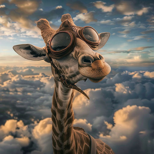 A giraffe flying above the clouds with vintage aviator cap