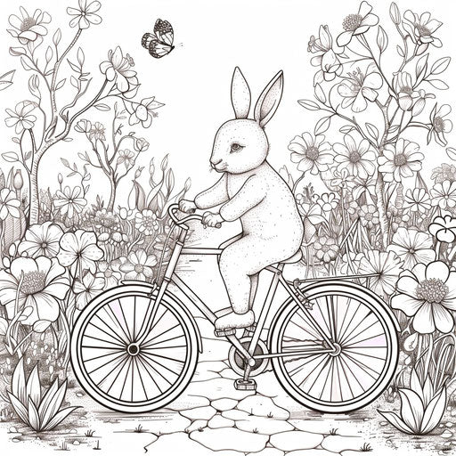 A bunny riding a bike through a park with blooming flowers