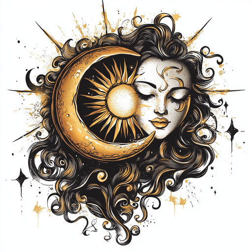 Flat tattoo sketch of back shoulder with intertwined sun and moon in golden hues on white