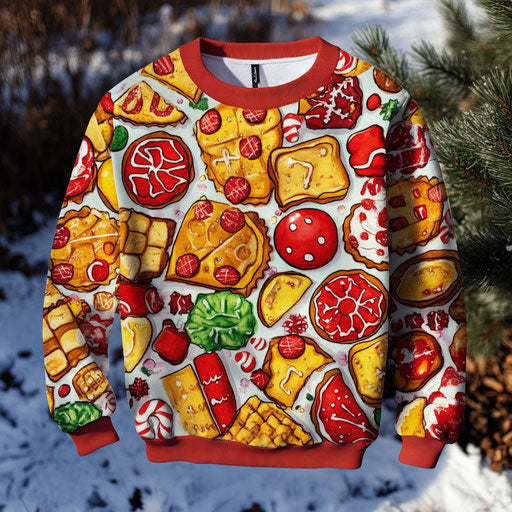 Food-themed ugly sweater with Christmas cookies and pies