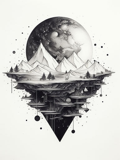 Island with a planet, spacecraft, black and white drawing
