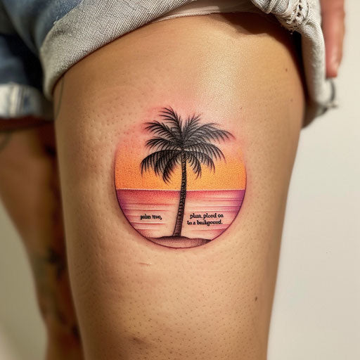 Minimalist sunset tattoo with gradient colors from pink to orange on white background