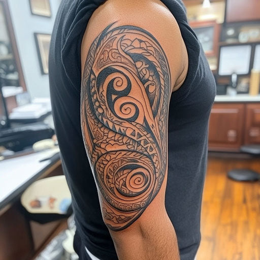Quarter sleeve tattoo with tribal design wrapping around arm
