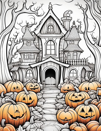 Halloween coloring pages with a house and pumpkins