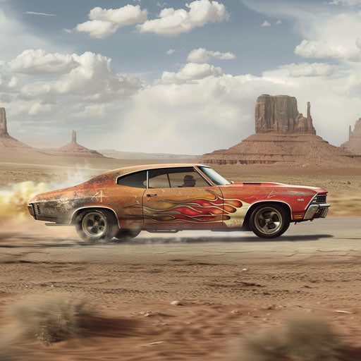 1969 hotrod Chevrolet Chevelle SS with flames racing in desert