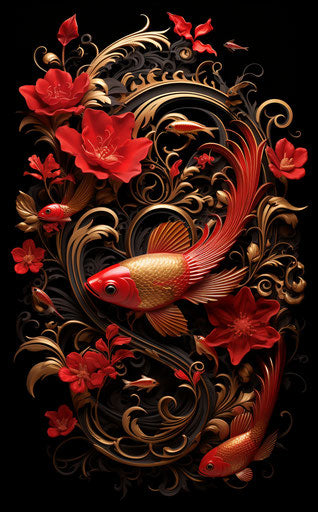 Stylized fish with flowers and water in dark gold and red style