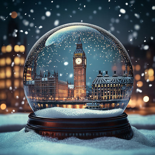 Artistic snow globe with famous landmark in snow and lights
