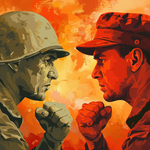 Realistic conflict illustration on random colored background
