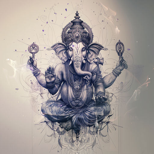 Ethereal tattoo sketch of Ganesha, clipart style with translucent overlays and shimmering effects