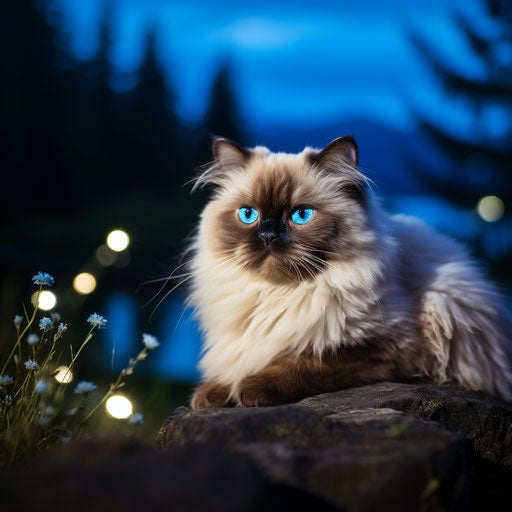 Himalayan cat resting outside at night