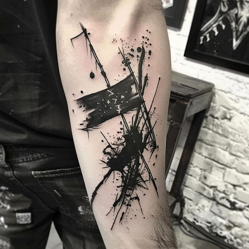 Contemporary flat tattoo sketch with a black flag and splattered paint effects