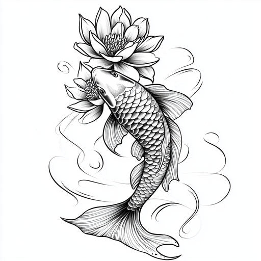 Beautiful flat tattoo sketch with Japanese koi fish design on neck