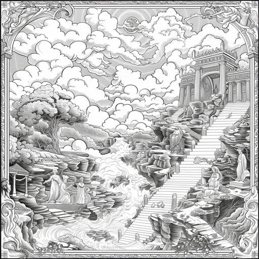 A surreal dreamscape with the Ten Commandments and fantastical elements in the style of Raqib Shaw, Coloring book page
