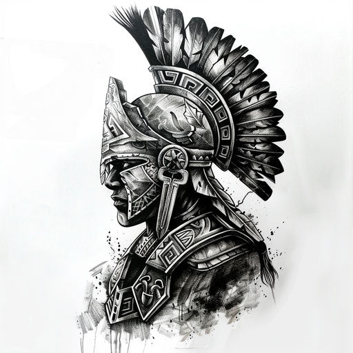 Aztec warrior tattoo in black and grey on white