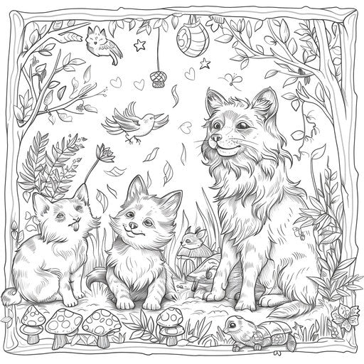 Playful cat and dog scene with woodland creatures