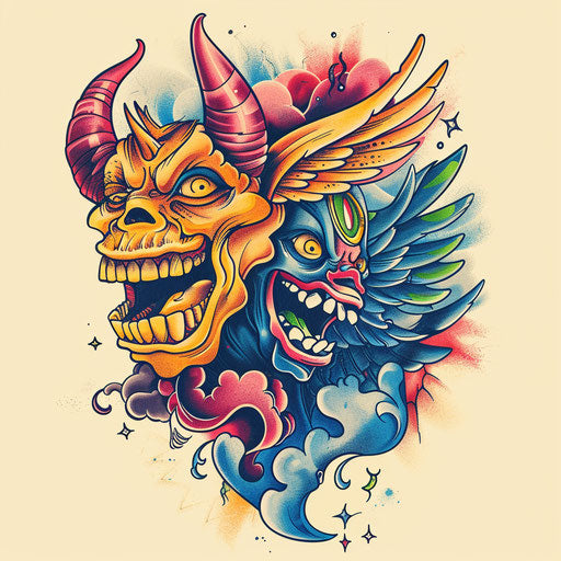 Laughing devil and serene angel tattoo sketch in cartoon style