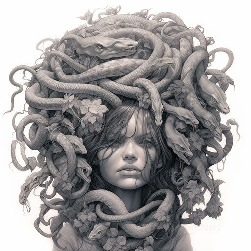 Woman's head surrounded by snakes in illustrated style