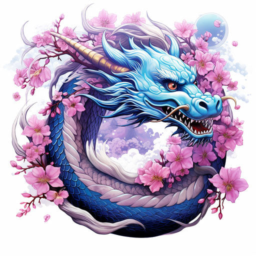 Dragon tattoo, purple and blue, cherry blossoms
