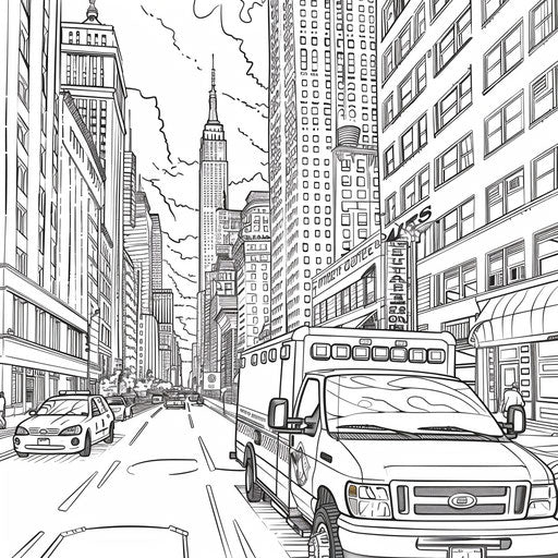 Ambulance assisting a patient on a busy city street with skyscrapers in the background. Coloring book page