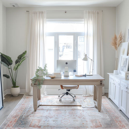 Bright and airy home office with sheer curtains and plush rug