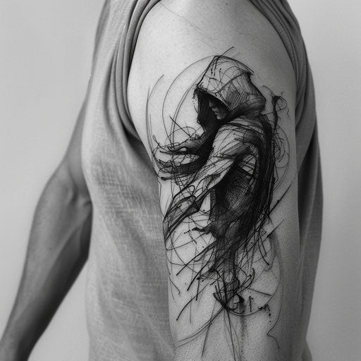 Intense black shading reaper tattoo with unique designs