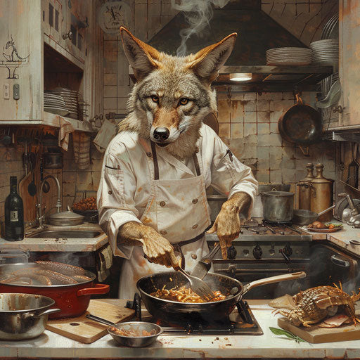 The coyote chef prepares a gourmet meal in a bustling kitchen