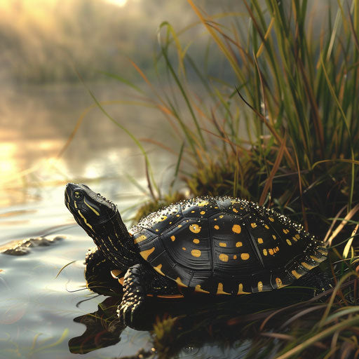 Yellow spotted turtle soaking up the first light of dawn on a misty riverbank