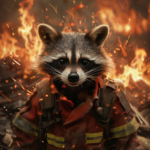 A raccoon firefighter battling fierce blazes to save lives