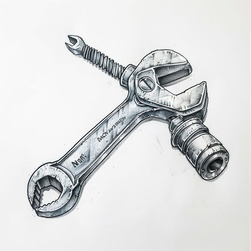 Mechanical tattoo of wrench and screw, realistic textures