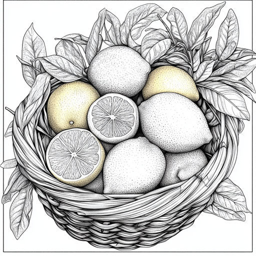 Detailed scene of various lemons in a basket, Gennady Spirin style, coloring book page