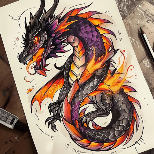 Flat and colorful tattoo sketch of a black dragon with fiery scales