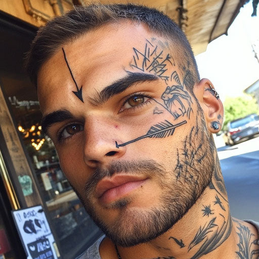 Men's face tattoos with a bold arrow