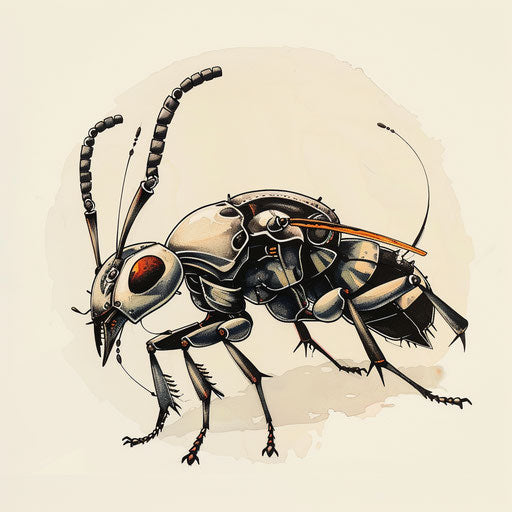 Flat tattoo sketch of an ant in a surrealistic style with bizarre proportions