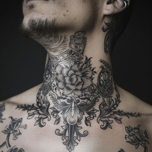 Intricately detailed throat tattoos