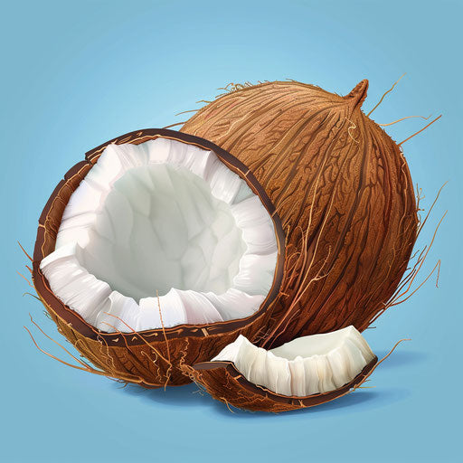 Coconut clipart in photo realistic style with a flat light blue background, soft focus and light texture