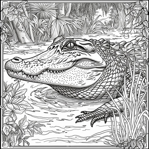 Detailed swamp scene with alligator peeking out of water