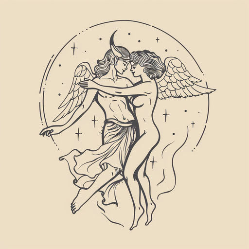 Elegant tattoo sketch with angel and devil dancing