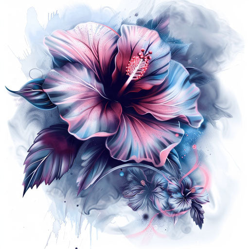 Fantasy hibiscus tattoo on mystical fog background