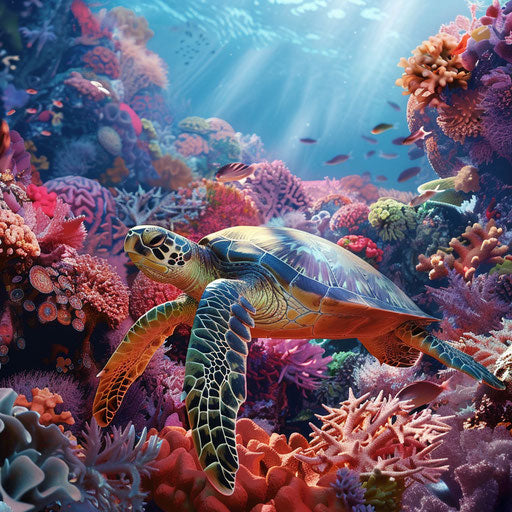 A sea turtle explores a vibrant coral garden in the style of Simen Johan