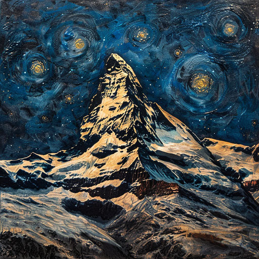 The Matterhorn under a starry night sky, in the style of Leszek Bujnowski