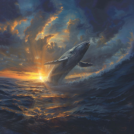 Deep dive of a blue whale at sunset