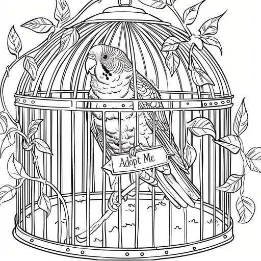 A playful parakeet with an "Adopt Me" tag on its cage. Coloring book page