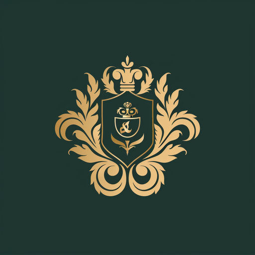 Examples of logos with a traditional serif font and a classic emblem, in dark green and gold