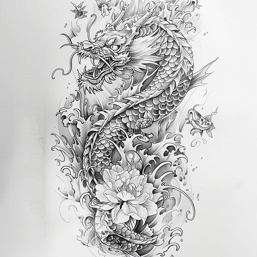 Sketch of a dragon and koi fish tattoo in traditional Japanese style, full sleeve for men