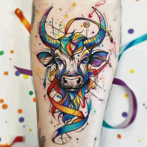 Vibrant tattoo sketch of the Taurus constellation with a festival theme, adorned with ribbons and multicolored confetti
