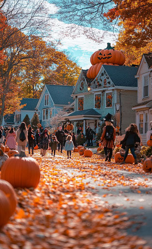 Quaint New England town decorated for Halloween