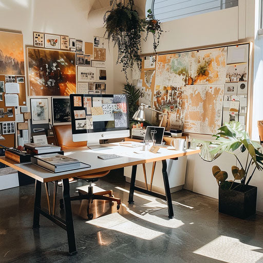 Artistic home office with sleek desk and natural light