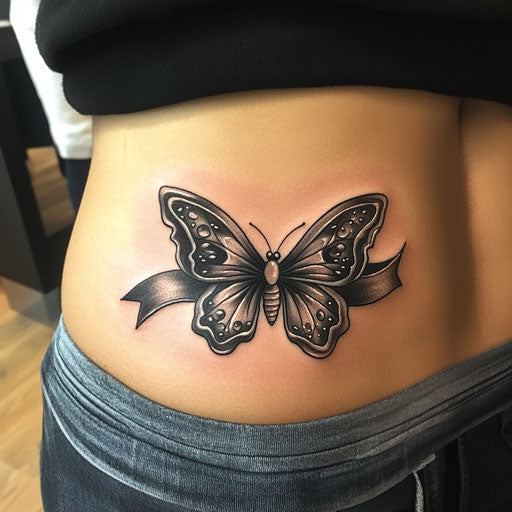 Cancer tattoo with a butterfly emerging from a ribbon on the lower back in the style of Glenn Fabry