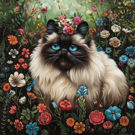 Himalayan cat with a flower crown in a whimsical garden