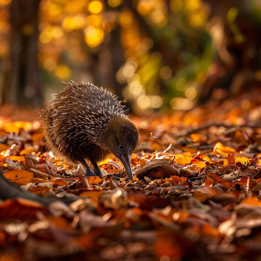A kiwi searching for food among the fallen leaves